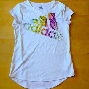 This is an adidas, short sleeve white t-shirt.